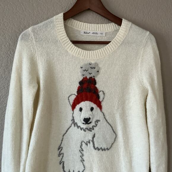 Woolrich Ivory Polar Bear Wool Blend Sweater Women's XS Pullover Knit Red Hat - Picture 6 of 12